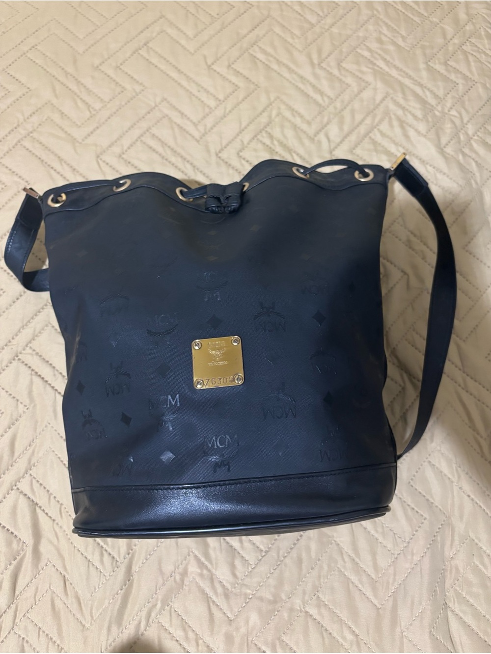 MCM visetos vintage black nylon drawstring bucket bag